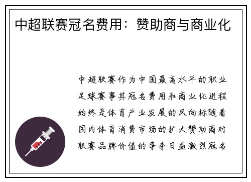 中超联赛冠名费用：赞助商与商业化